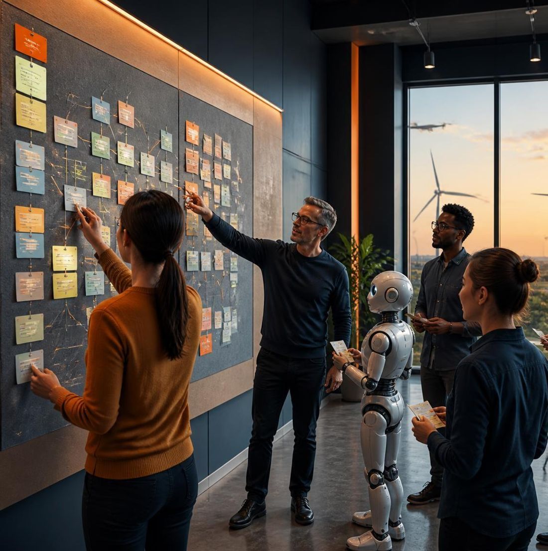 Workshop-Team plant an einer Wand voller Notizen, im Hintergrund Windkraftanlagen